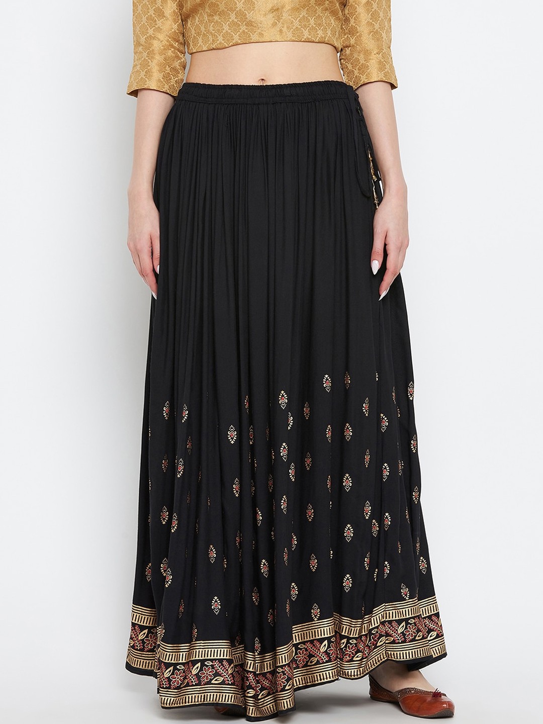 

Clora Creation Women Black & Gold Printed Maxi Flared Skirt
