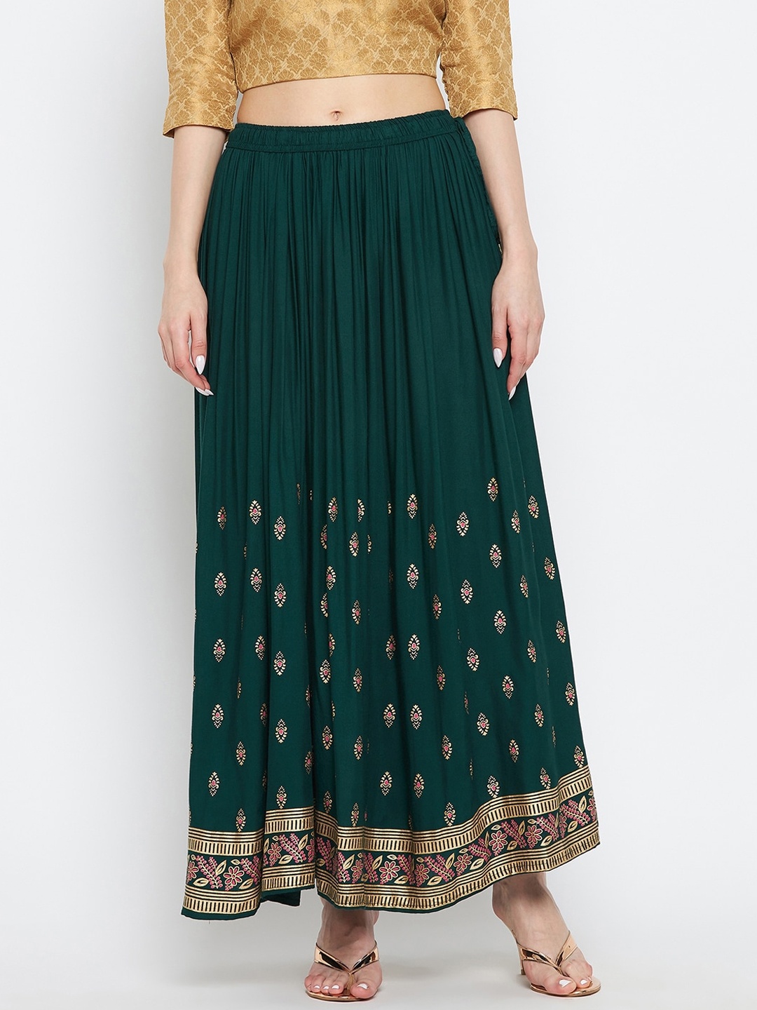 

Clora Creation Green & Gold-Toned Printed Flared Maxi Length Skirt