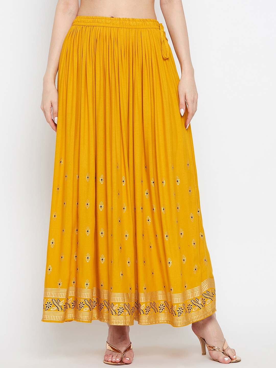 

Clora Creation Women Mustard Yellow Floral Printed Flared Maxi Skirt