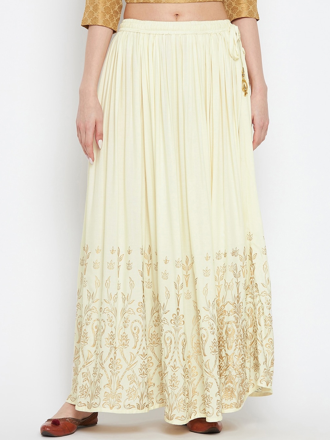 

Clora Creation Women Cream-Coloured & Gold-Coloured Printed Flared Maxi Skirt