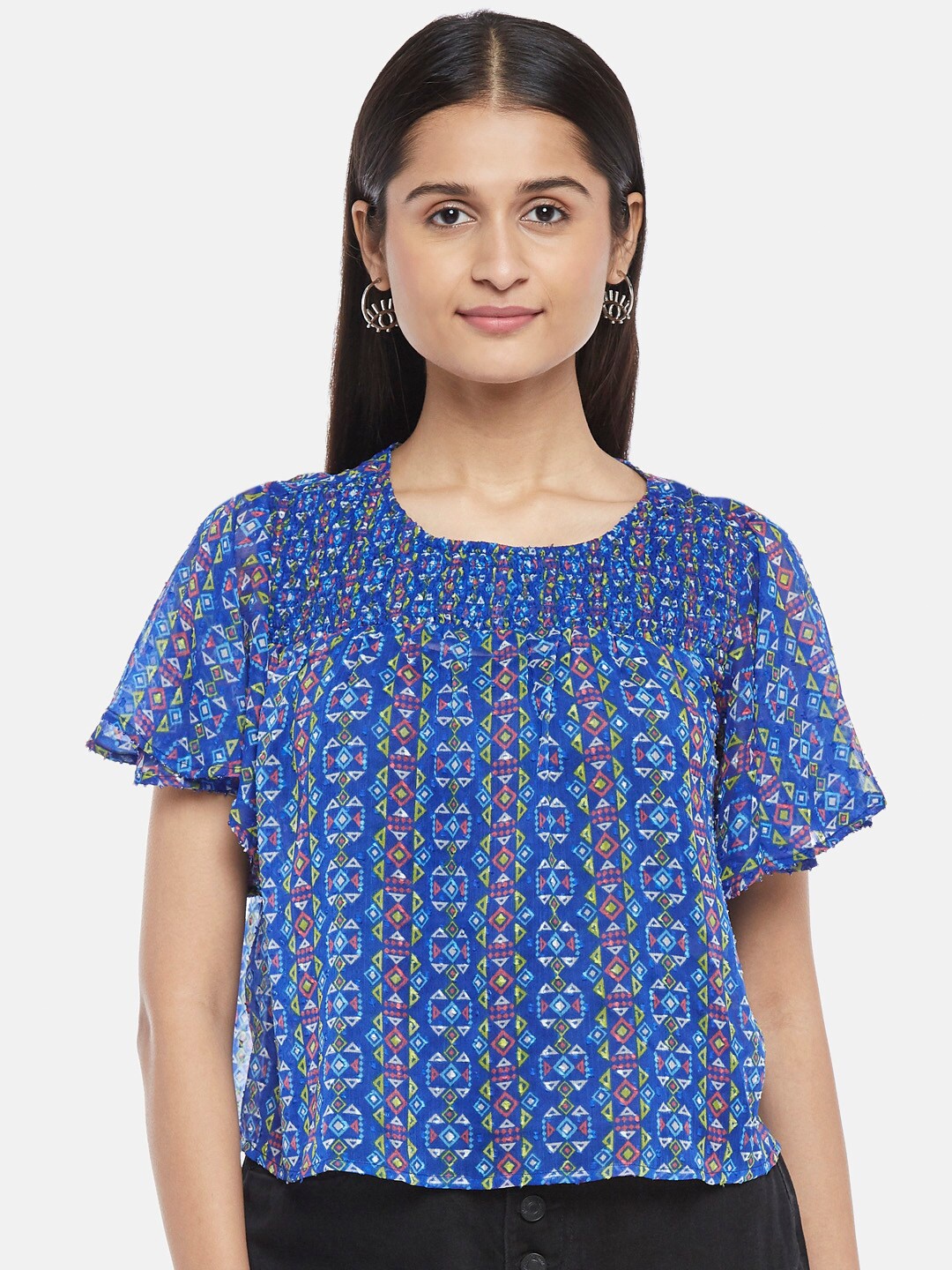 

People Navy Blue Floral Print Chiffon Top