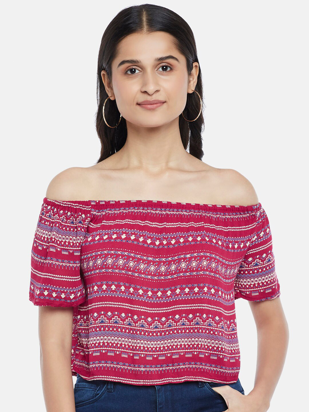 

People Pink Bohemian Tribal Print Off-Shoulder Crepe Bardot Top