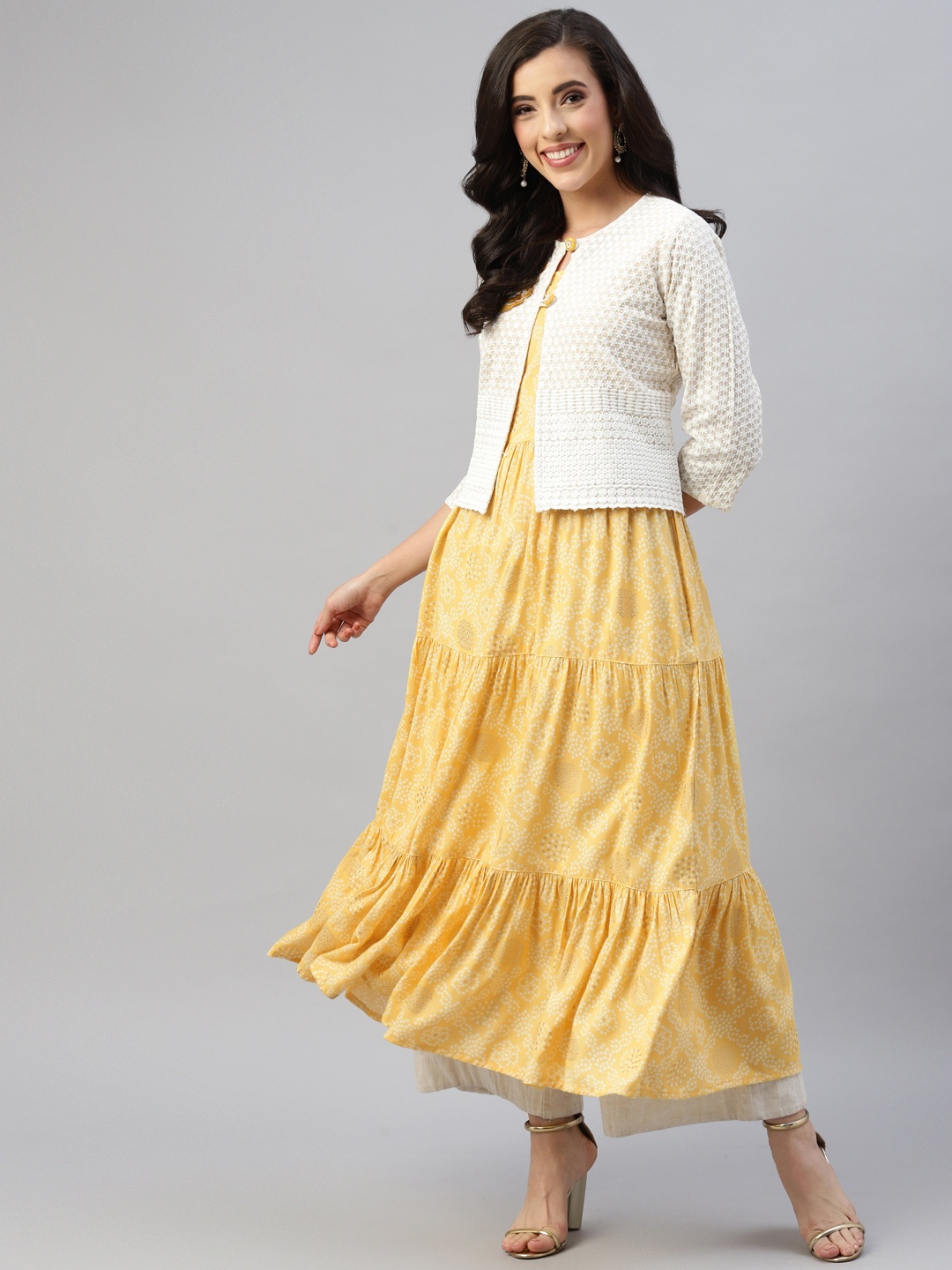 

Readiprint Fashions Women Yellow Bandhani Printed Tiered Anarkali Kurta with Jacket