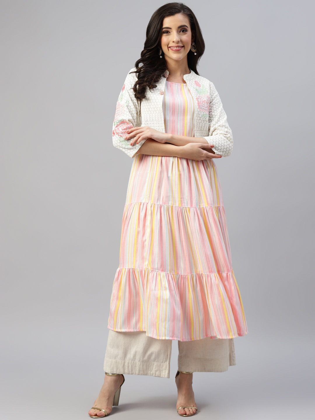 

Readiprint Fashions Women Pink & Yellow Striped Tiered Anarkali Kurta with Jacket