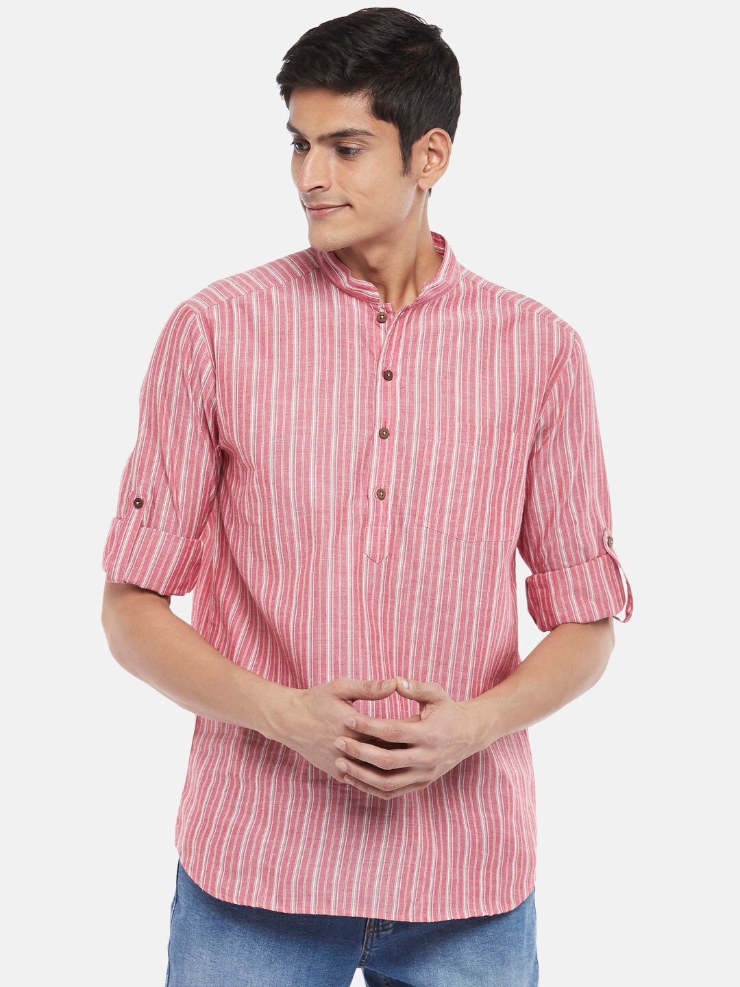 

indus route by Pantaloons Men Red Striped Dobby Kurta