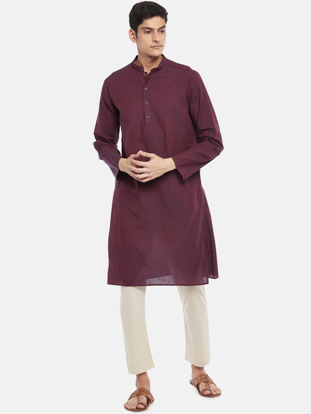 

indus route by Pantaloons Men Maroon Thread Work Dobby Kurta