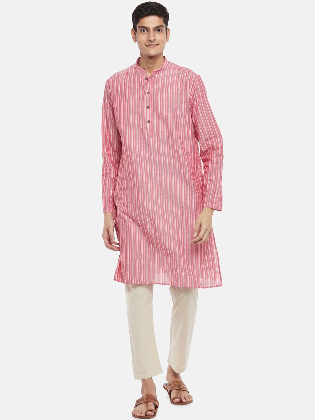 

indus route by Pantaloons Men Red Striped Thread Work Dobby Kurta