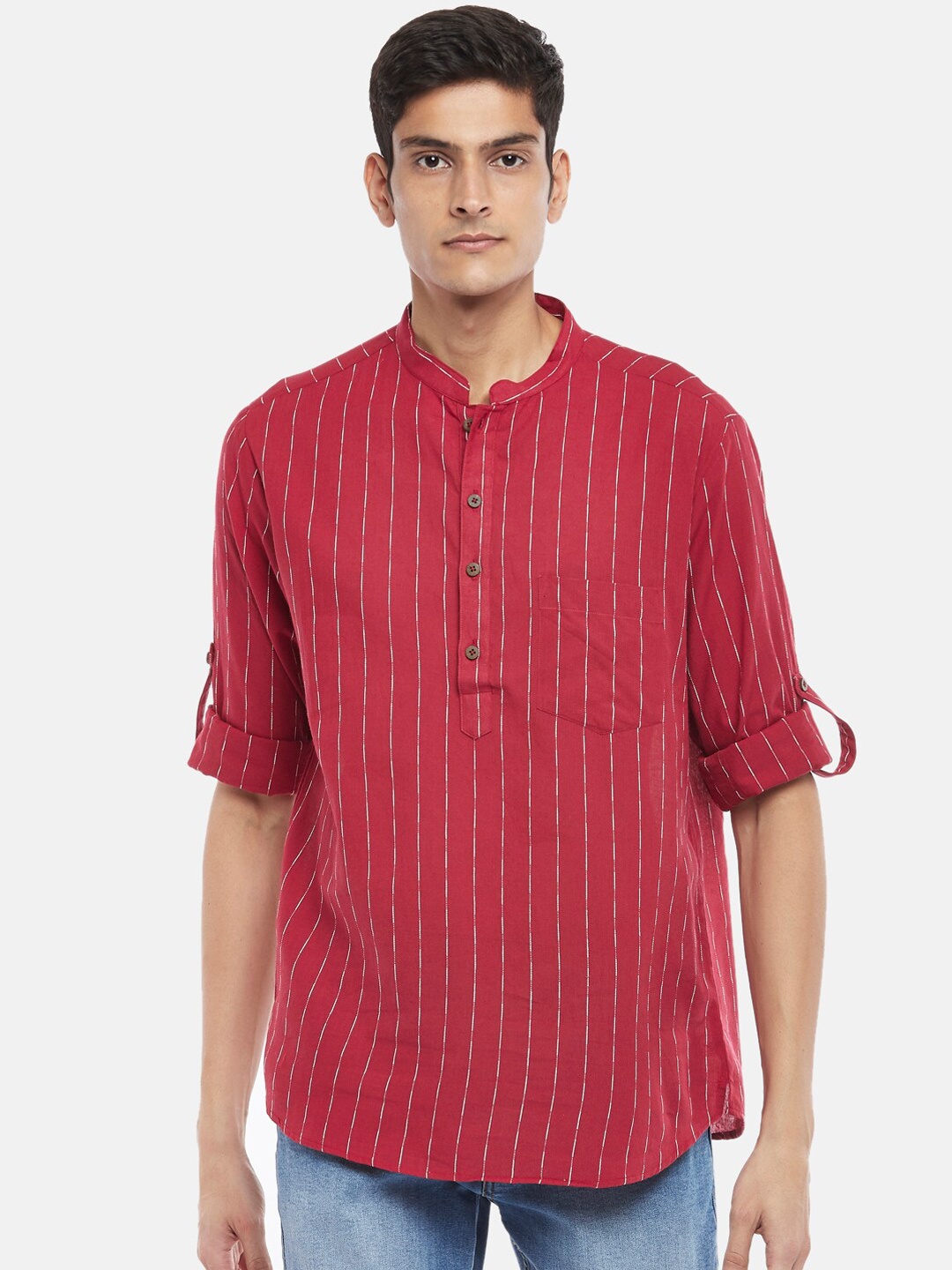 

indus route by Pantaloons Men Red Striped Short Kurta