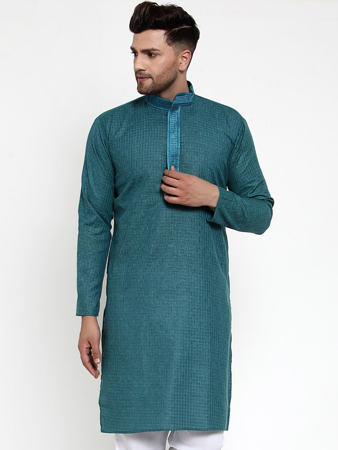 

Jompers Men Teal Woven Design Cotton Kurta