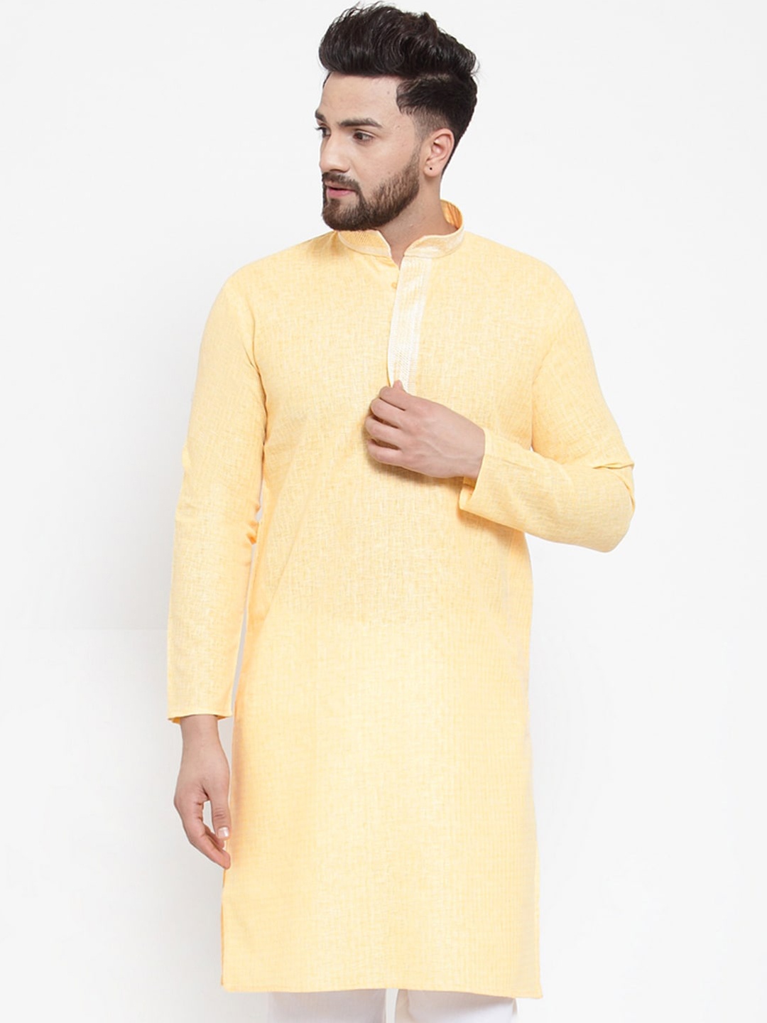 

Jompers Men Yellow Woven Design Cotton Kurta