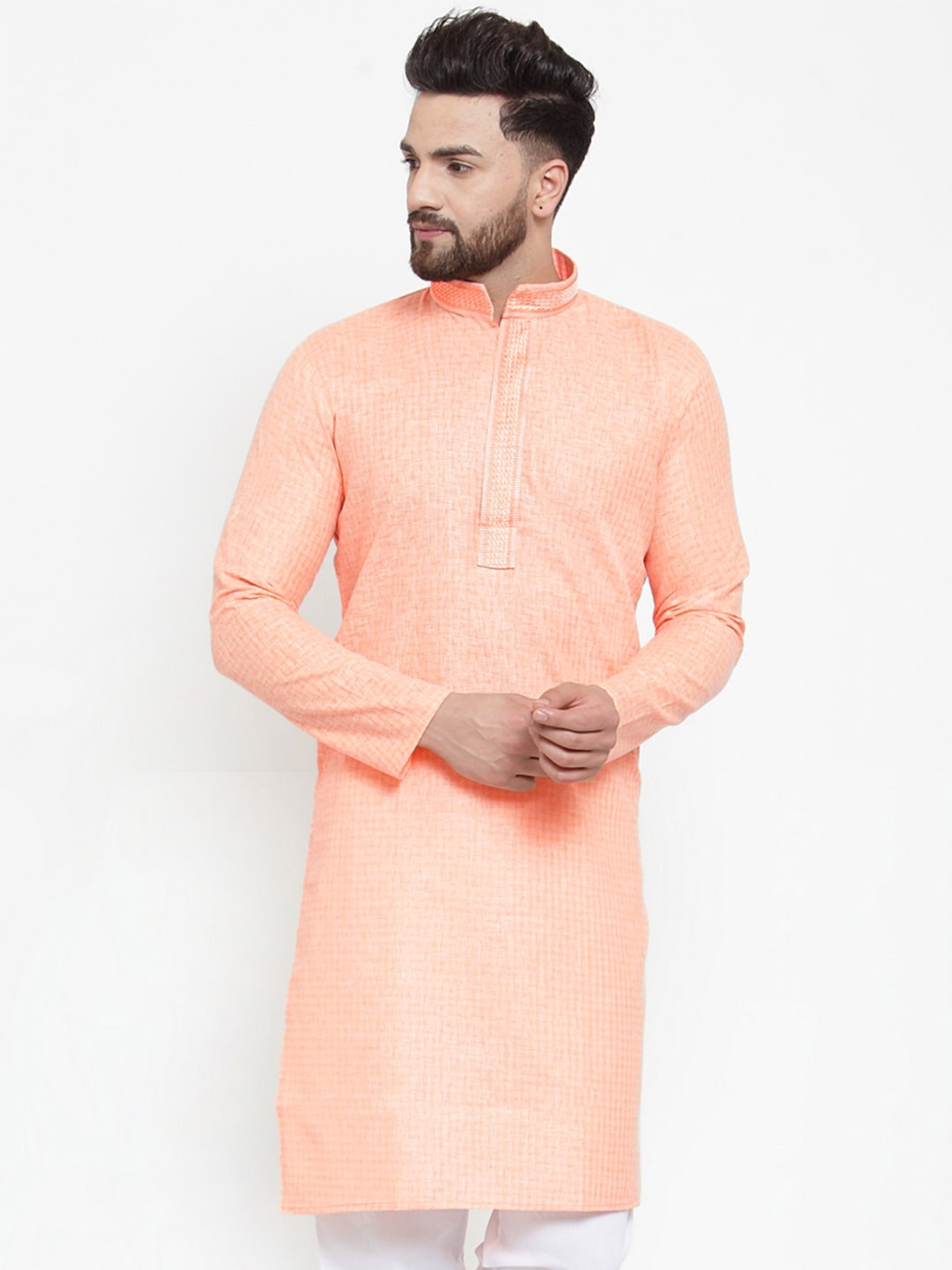 

Jompers Men Peach-Coloured Woven Design Cotton Kurta