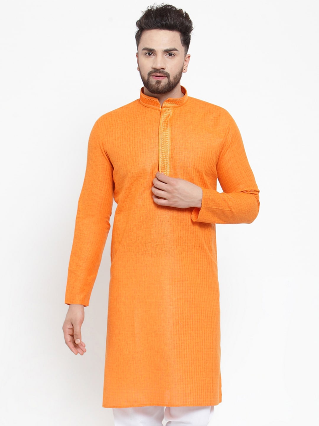 

Jompers Men Orange Woven Design Cotton Kurta