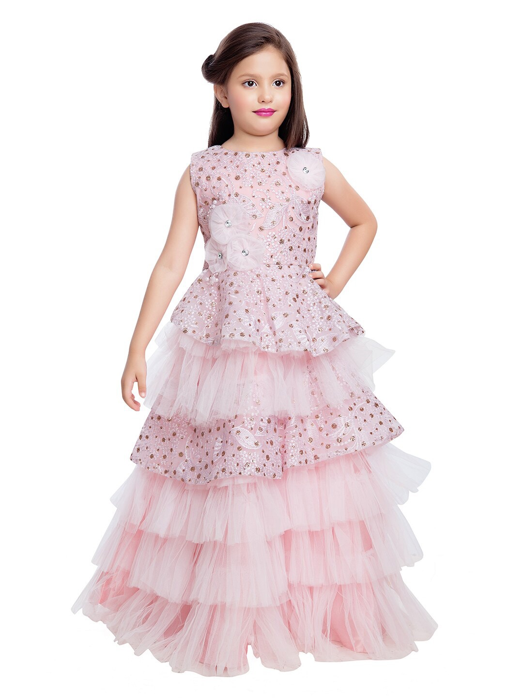 

BETTY Pink Floral Embroidered Net Maxi Dress