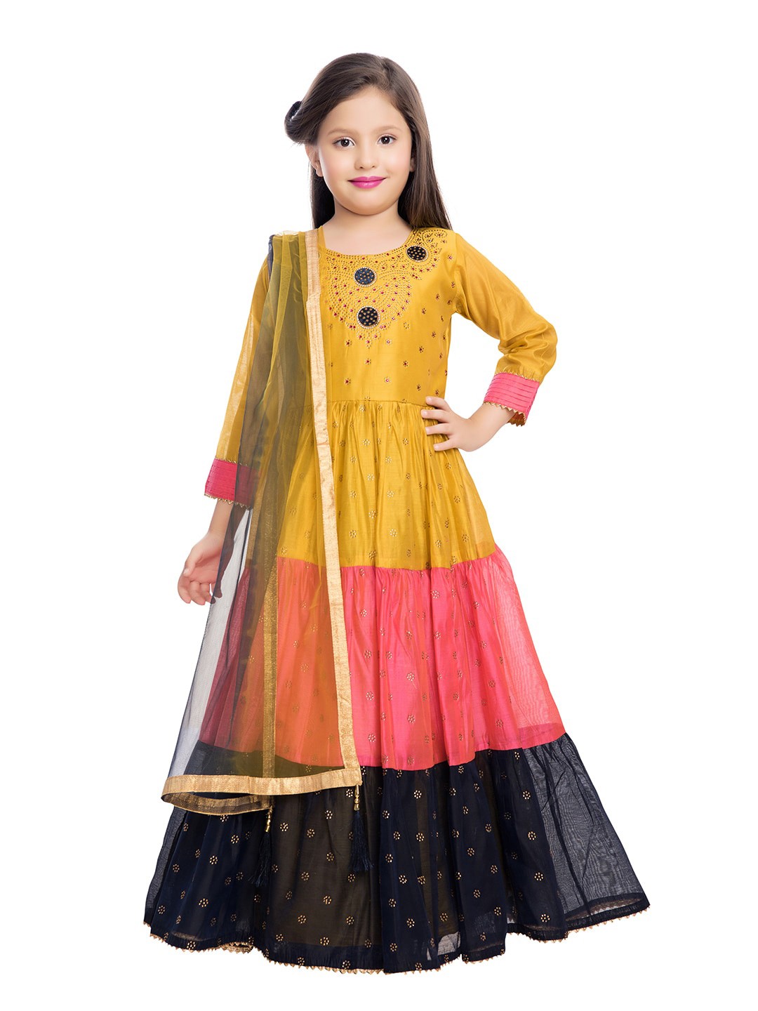 

BETTY Yellow Embellished Ethnic Maxi Dress with Dupatta