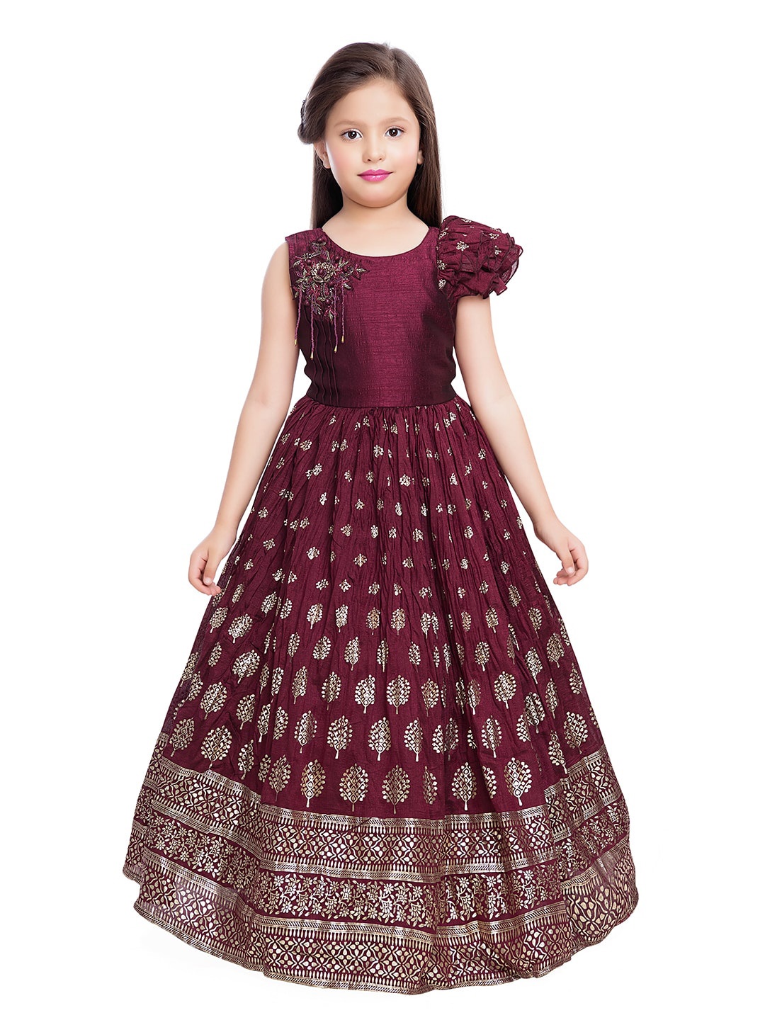 

BETTY Girls Maroon & Golden Ethnic Motifs Ethnic Maxi Dress