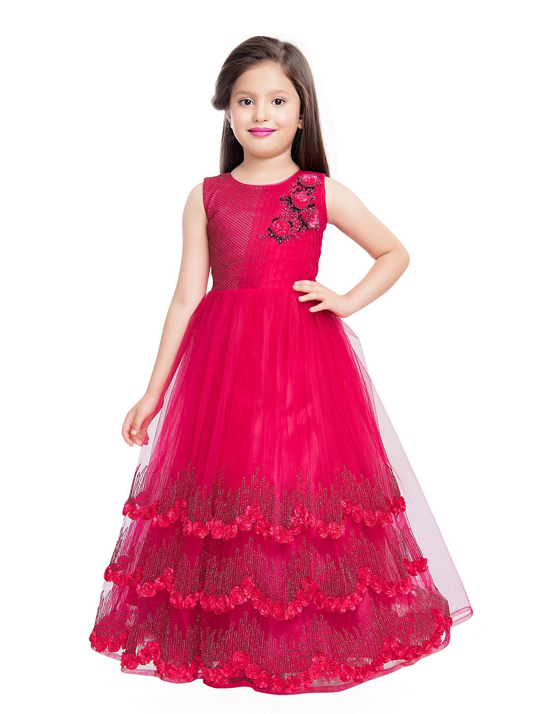 

BETTY Fuchsia Floral Embroidered Net Maxi Dress