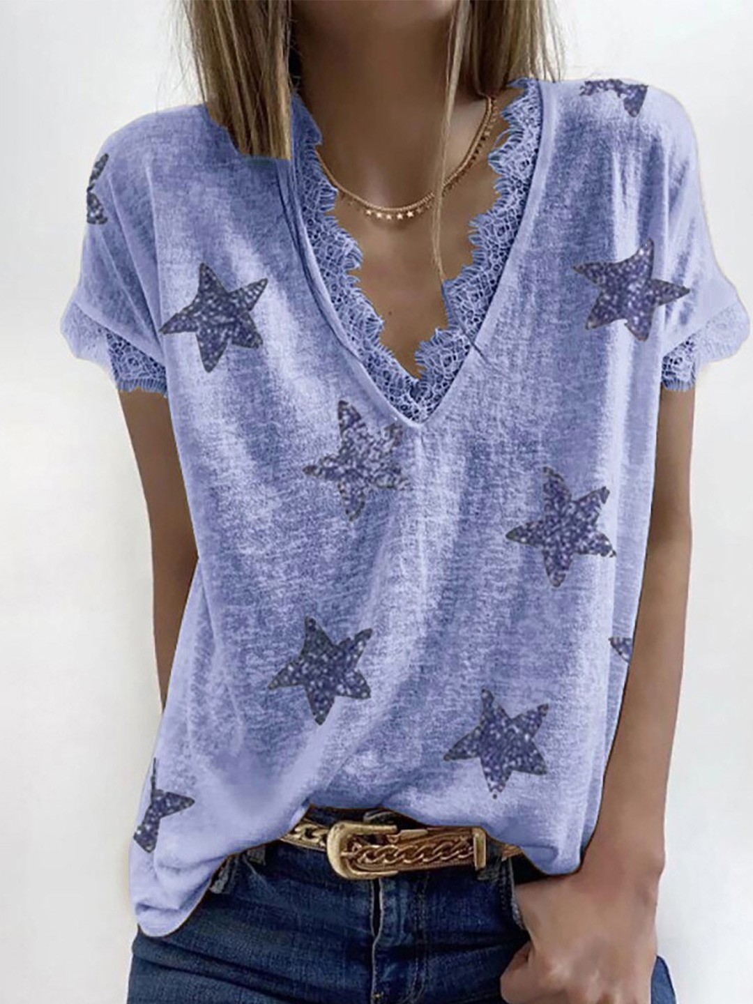 

La Aimee Blue V-Neck Printed Top With Lace