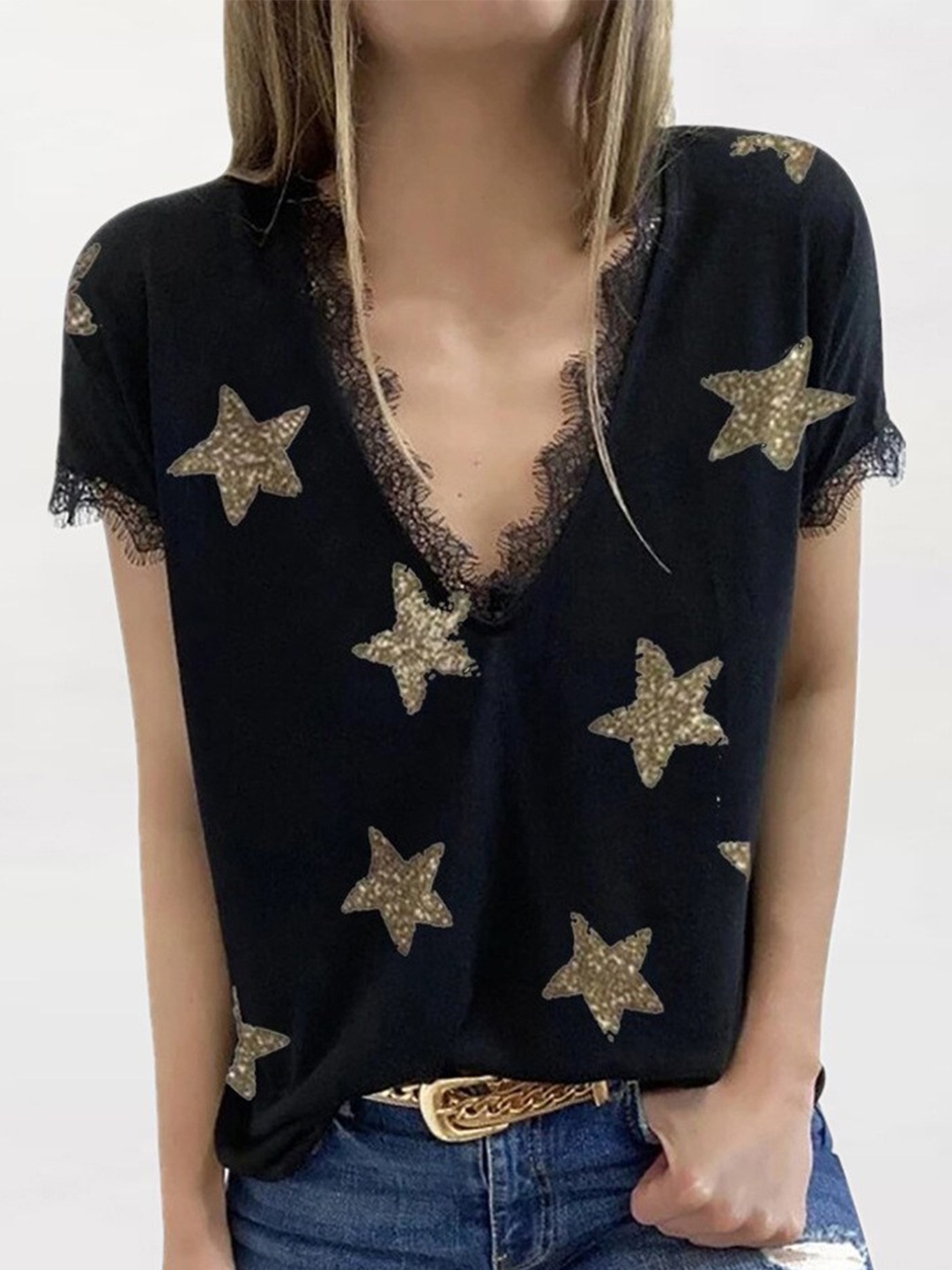 

La Aimee Black & Beige Geometric Star Print Top