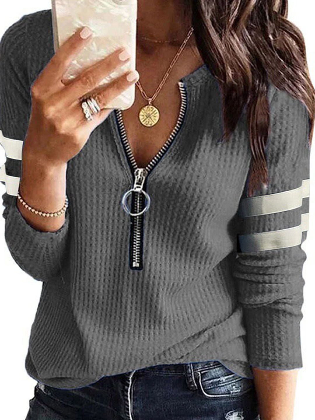 

La Aimee Women Grey & White Solid Top
