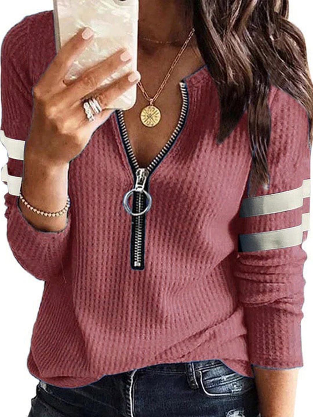 

La Aimee Pink Zipper Regular Top