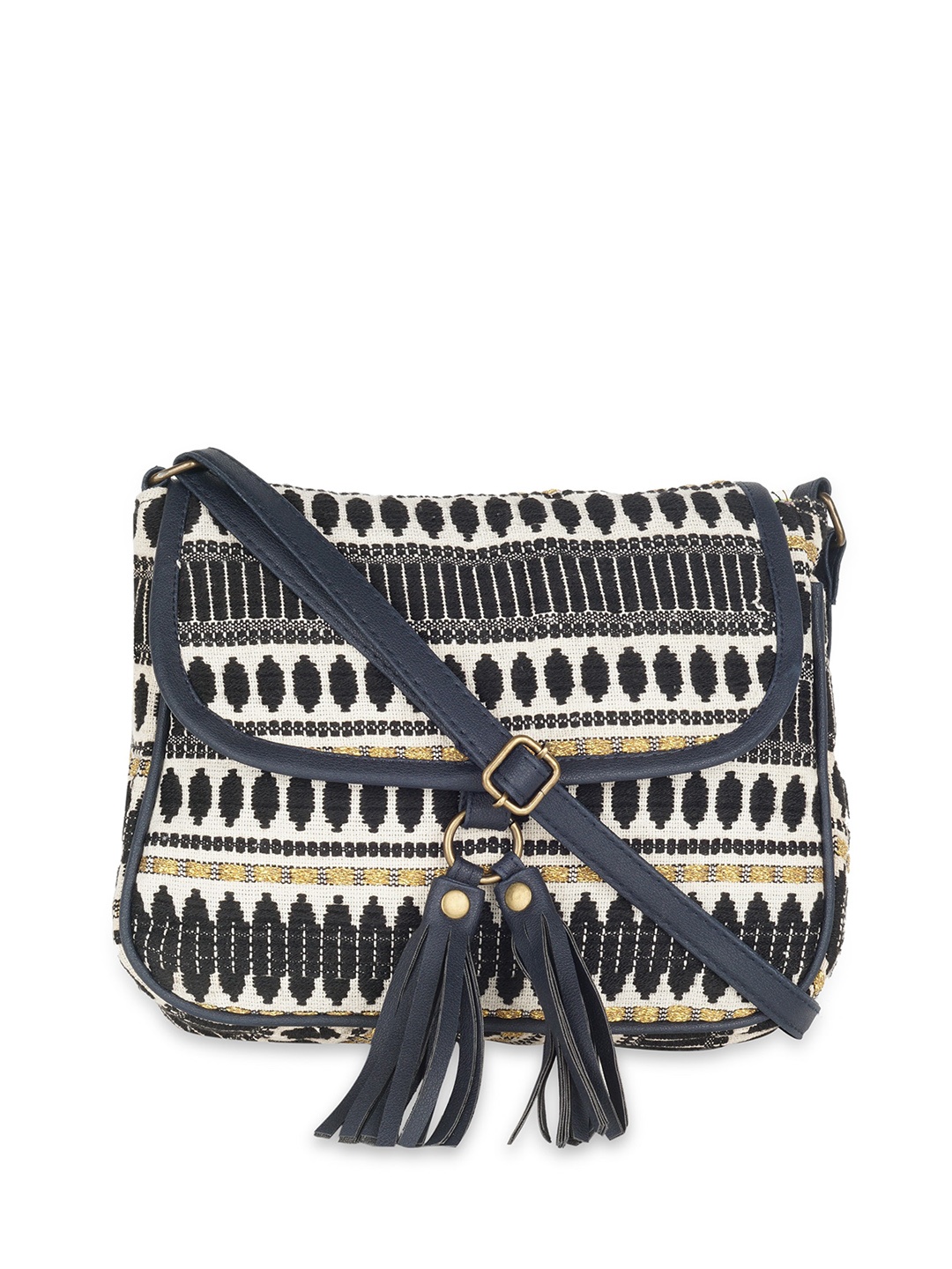 

Kanvas Katha Multicoloured Geometric Structured Sling Bag with Tasselled, Multi