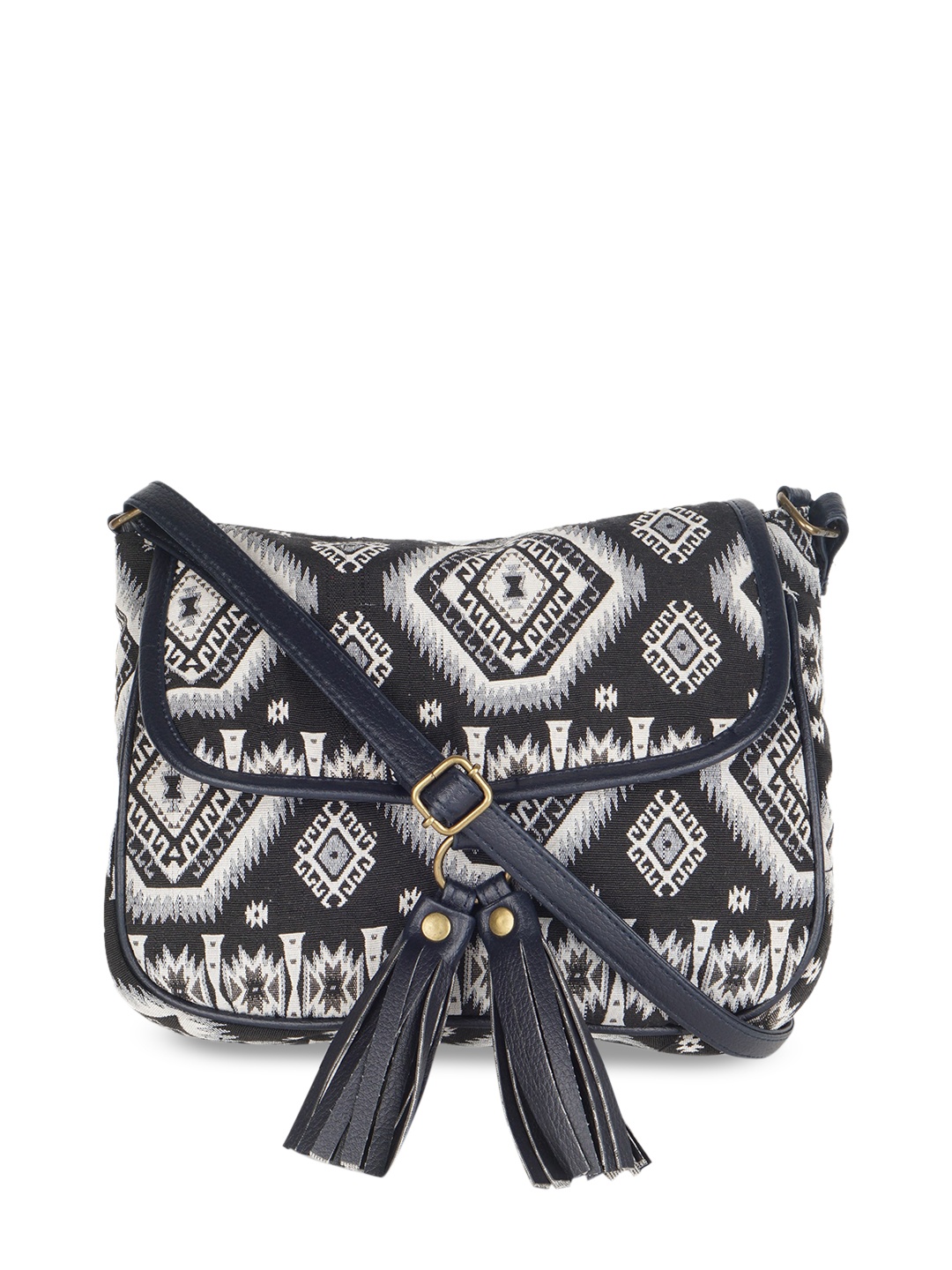

Kanvas Katha Blue Ethnic Motifs Printed Sling Bag with Tassels