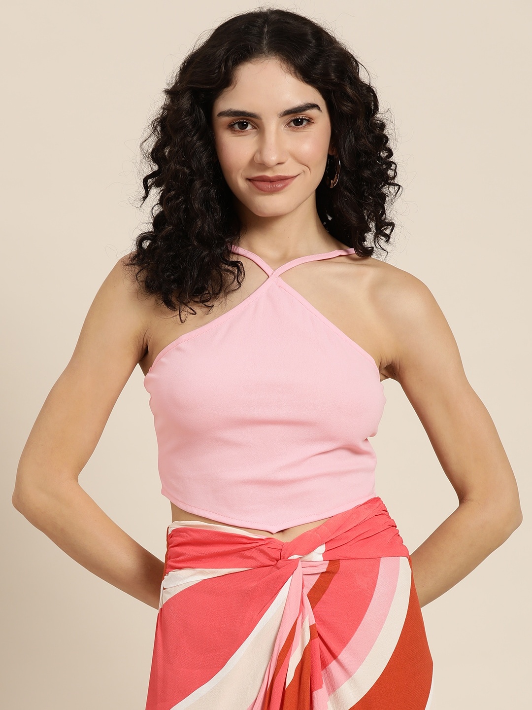 

Moda Rapido Pink Solid Asymmetric Crop Top