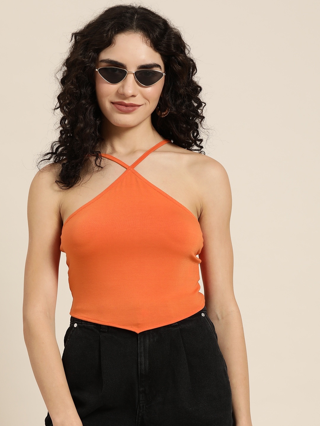 

Moda Rapido Orange Solid Asymmetric Crop Top