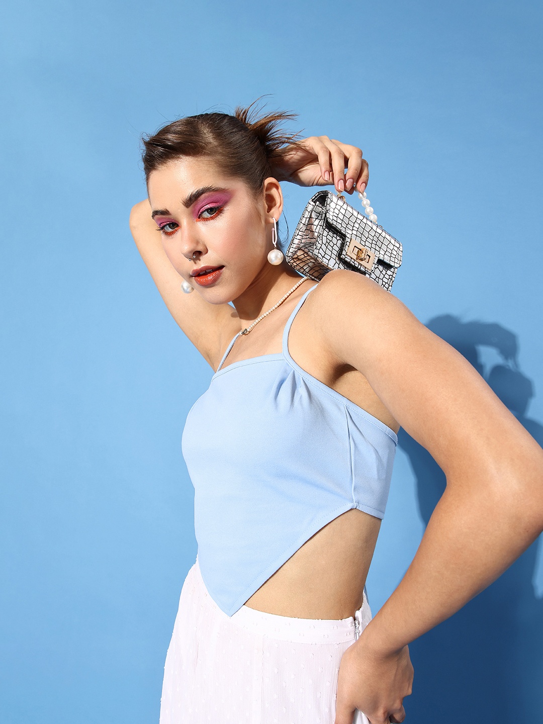 

Moda Rapido Women Powder Blue Solid Lace Detailed Blouson Crop Top