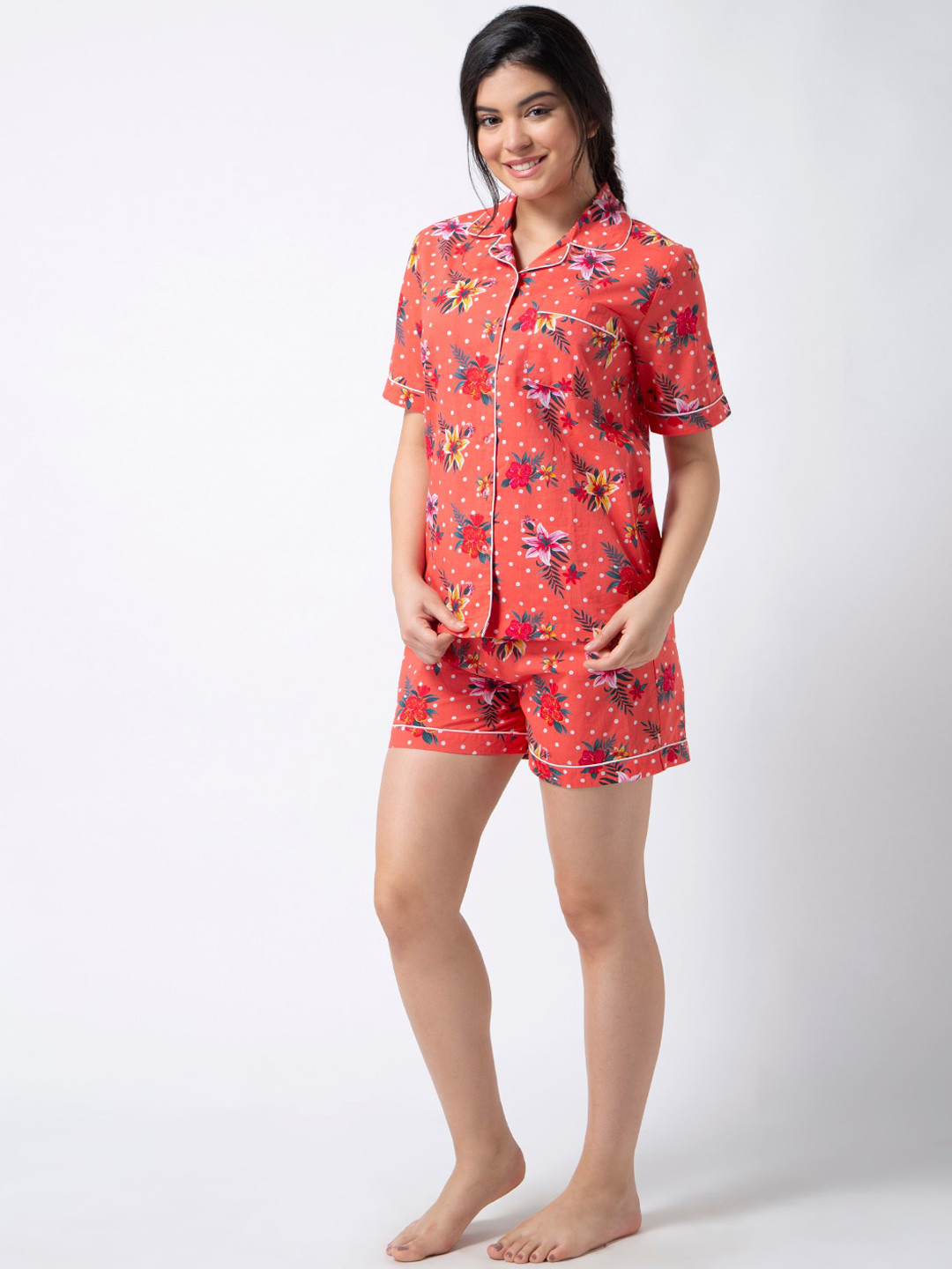 

ADORENITE Women Orange & Green Printed Cotton Night suit