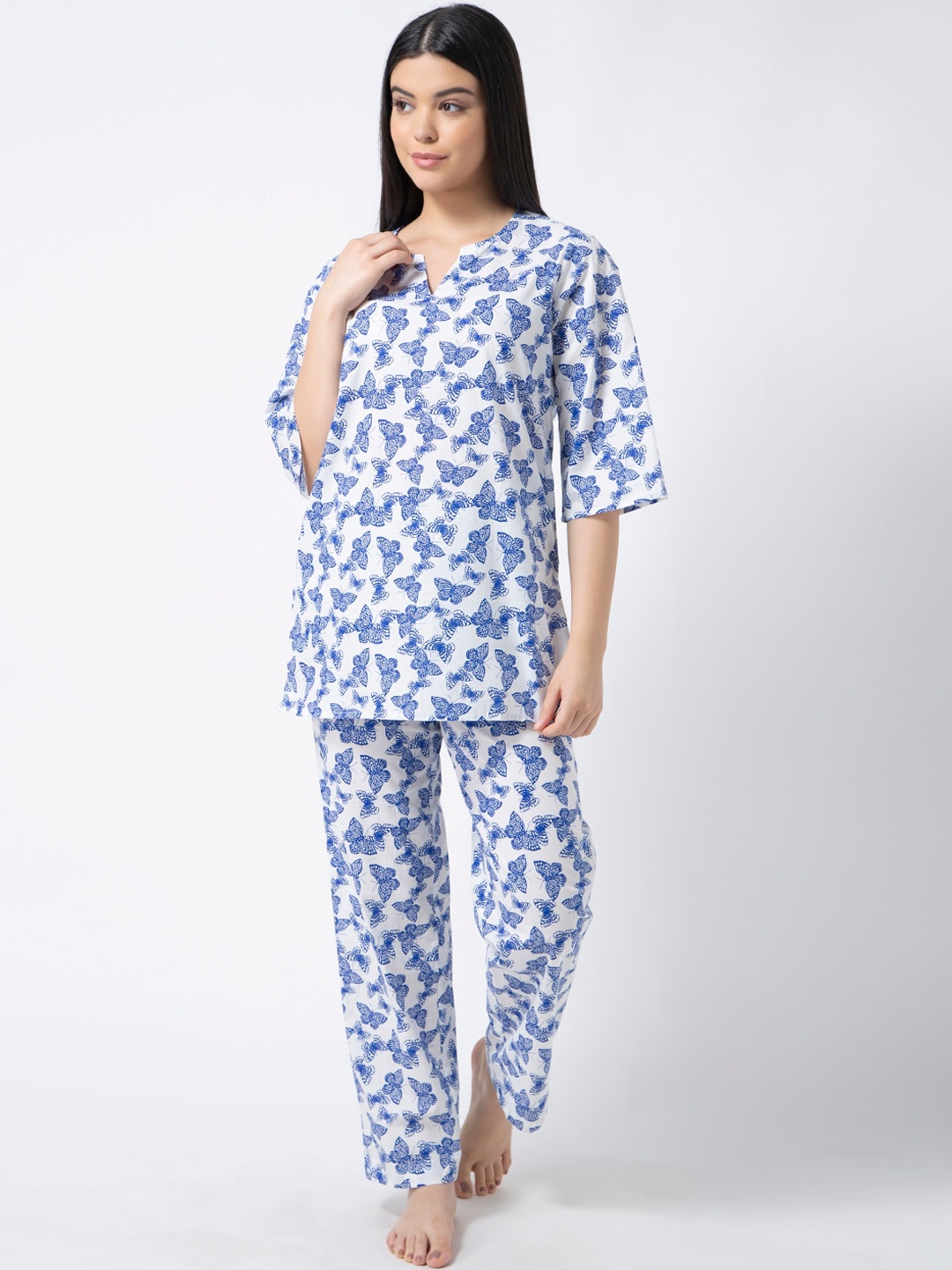 

ADORENITE Women White & Blue Printed Cotton Night suit