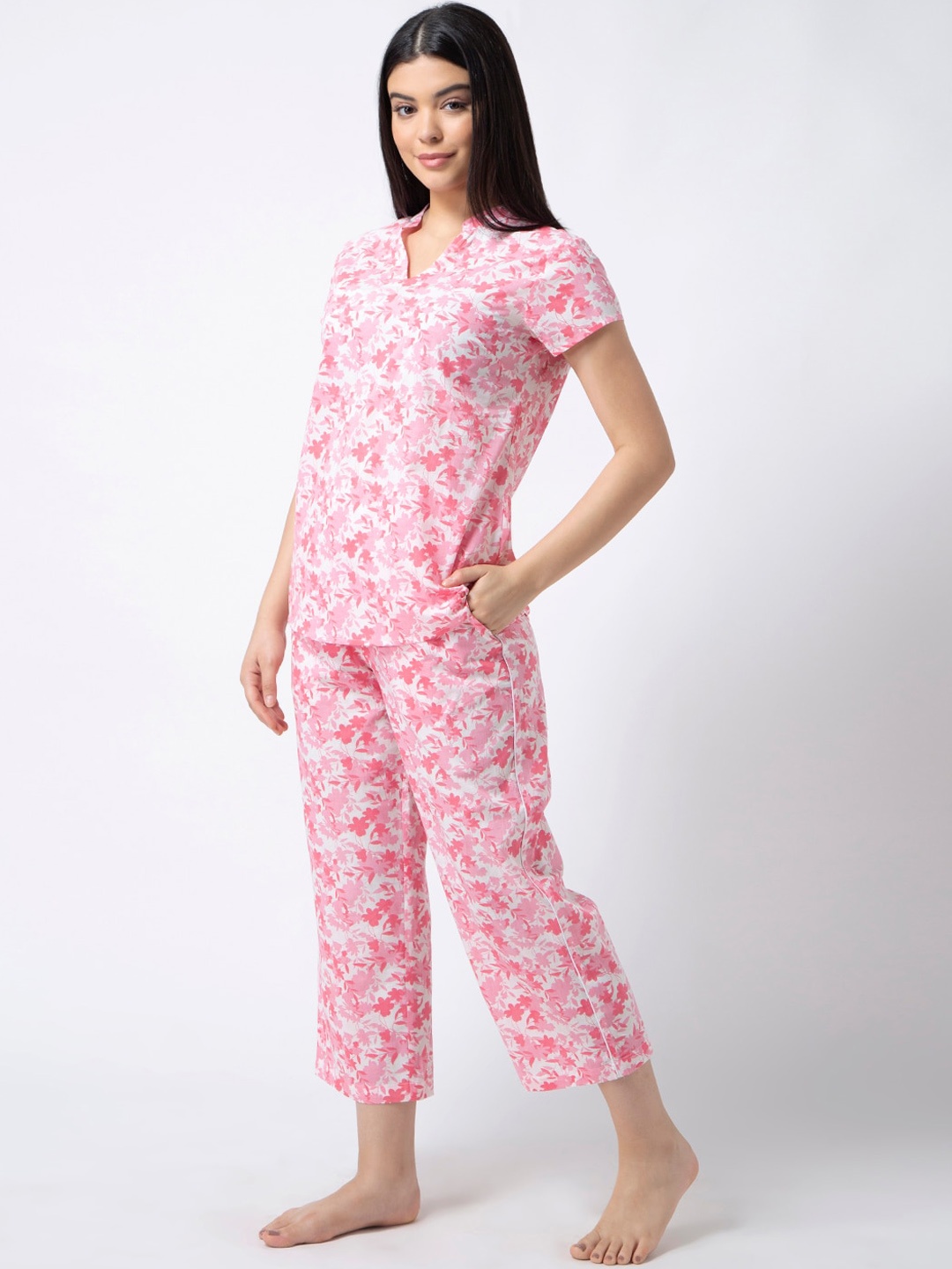 

ADORENITE Women White & Pink Printed Cotton Night suit