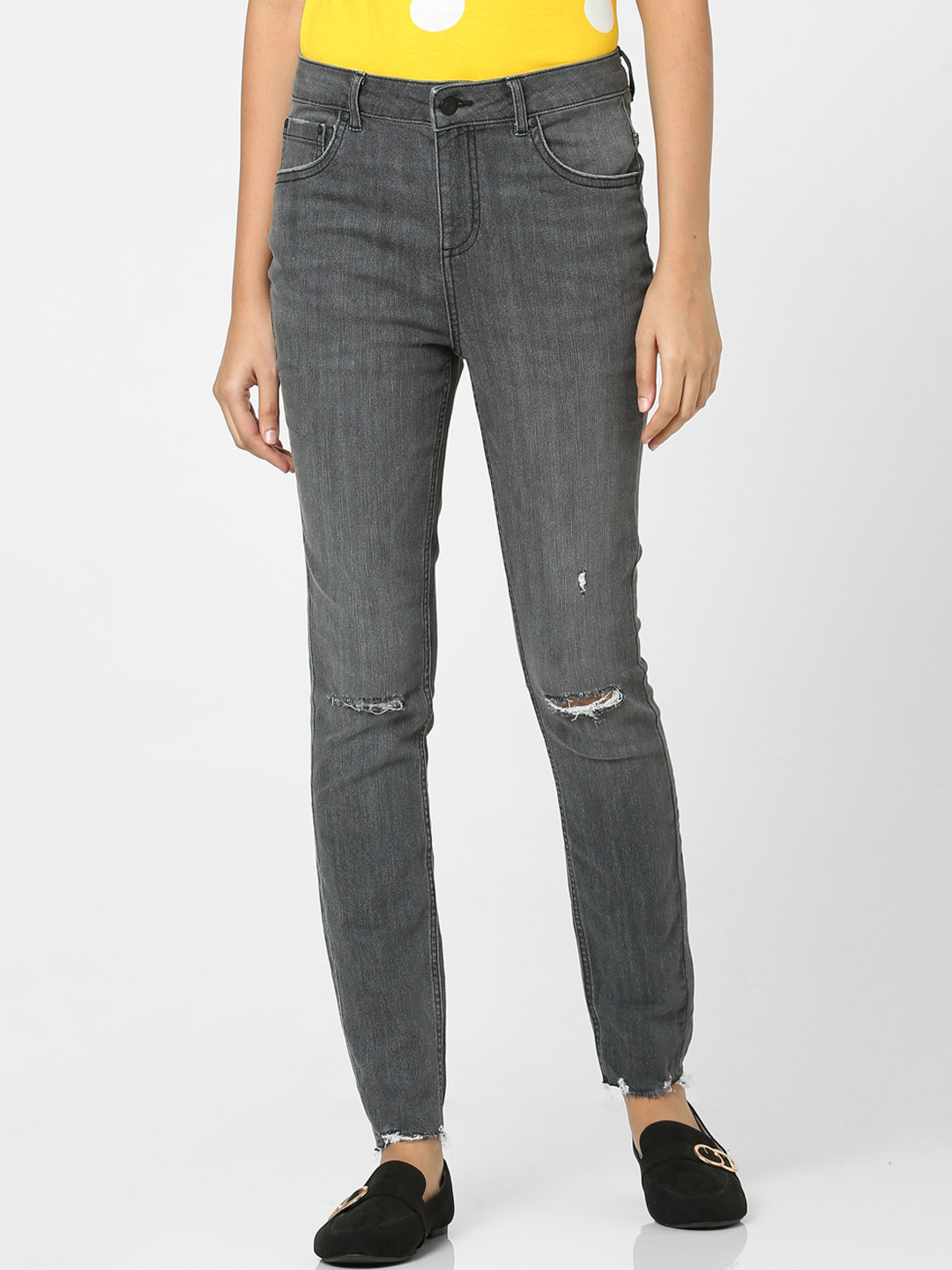

Vero Moda Women Grey Skinny Fit High-Rise Slash Knee Jeans