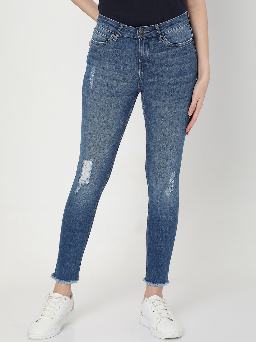 

Vero Moda Women Blue Skinny Fit Low Distress Light Fade Jeans