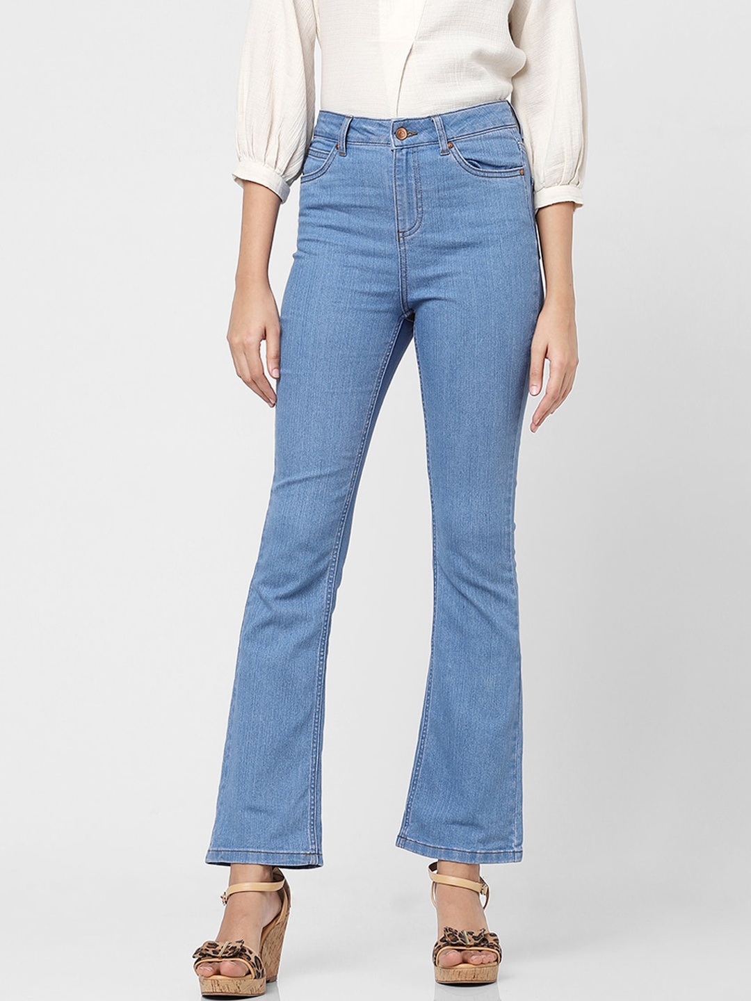 

Vero Moda Women Blue Bootcut High-Rise Cotton Cropped Jeans