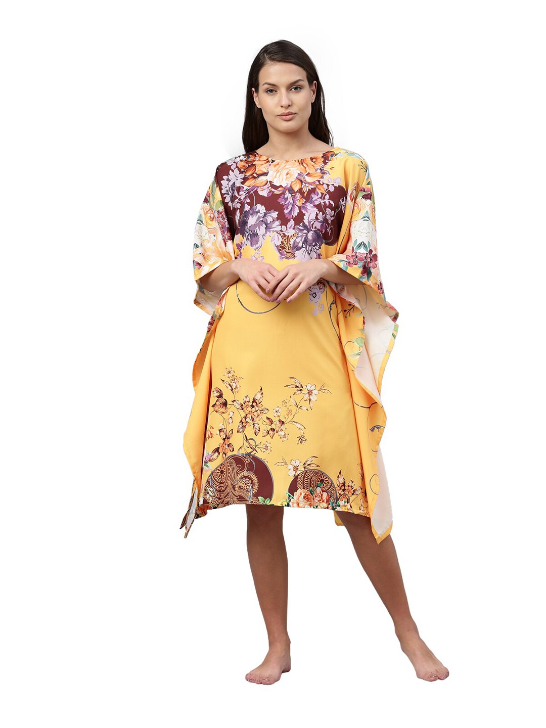 

Bailey sells Women Yellow Printed Round Neck Kaftan Nightdress