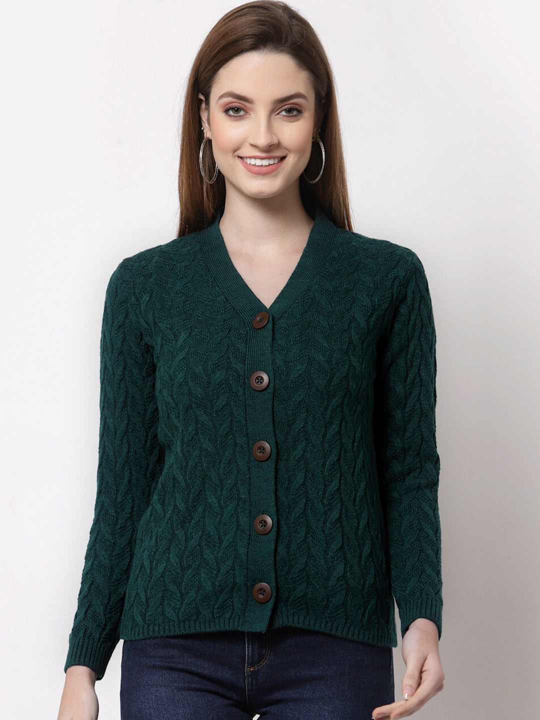 

Kalt Women Green Self Design V-neck Cardigan