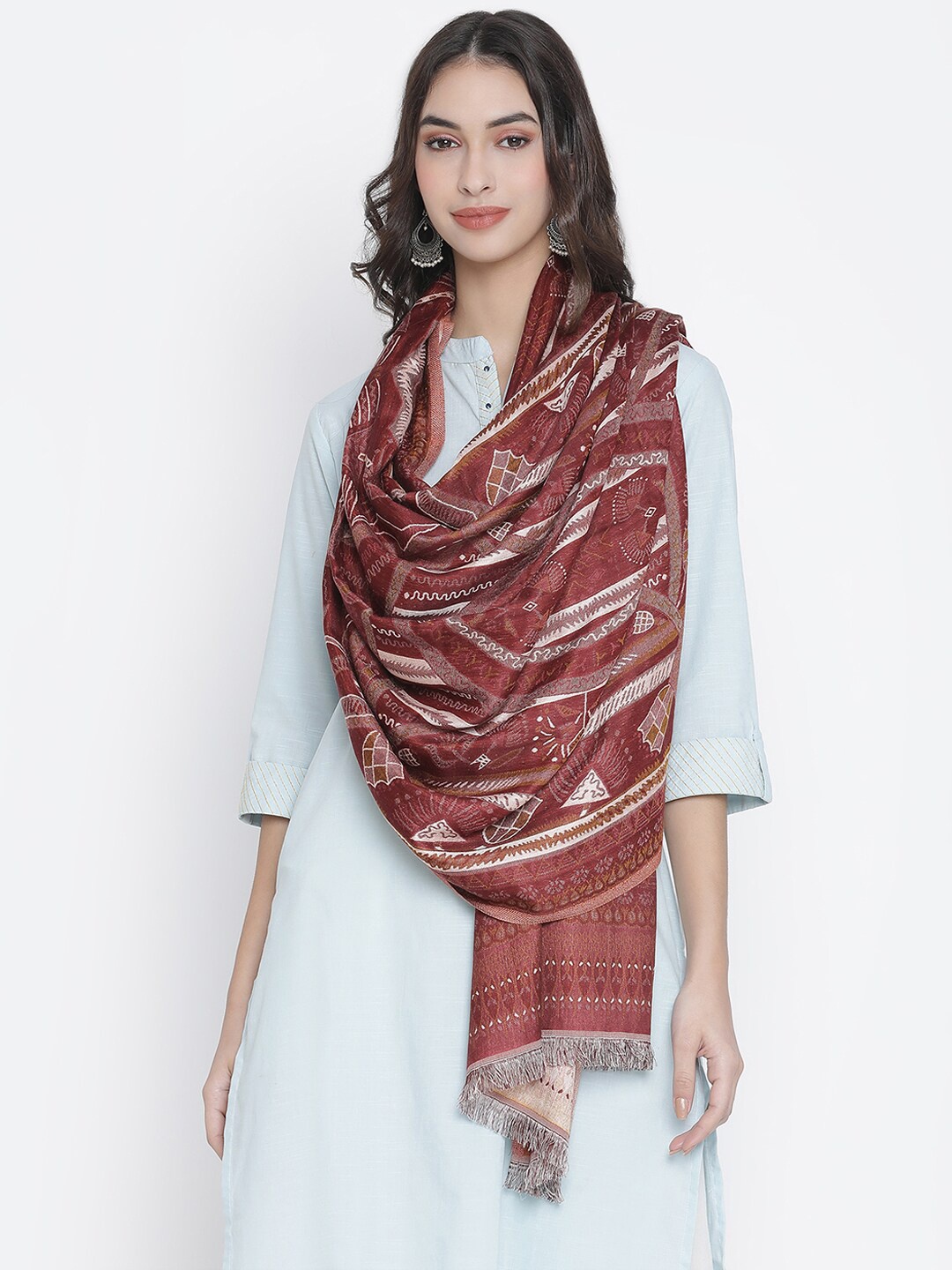 

SHINGORA Women Maroon & White Woven Design Jacquard Stole