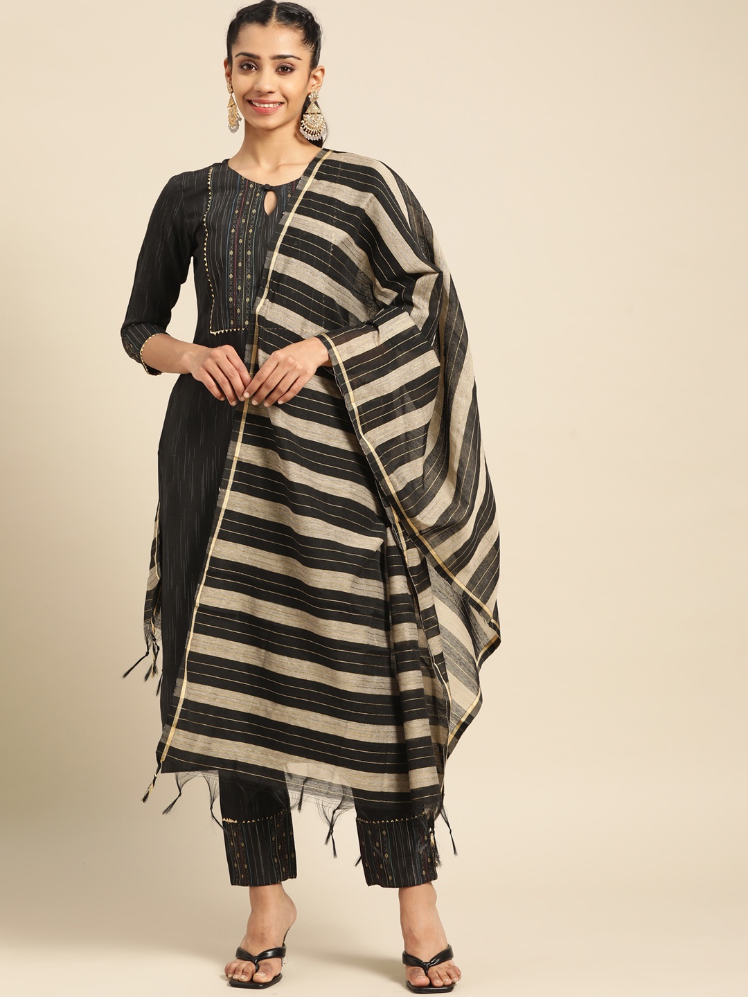 

Prakhya Women Black Ethnic Motifs Yoke Design Gotta Patti Kurta with Trousers & With Dupatta