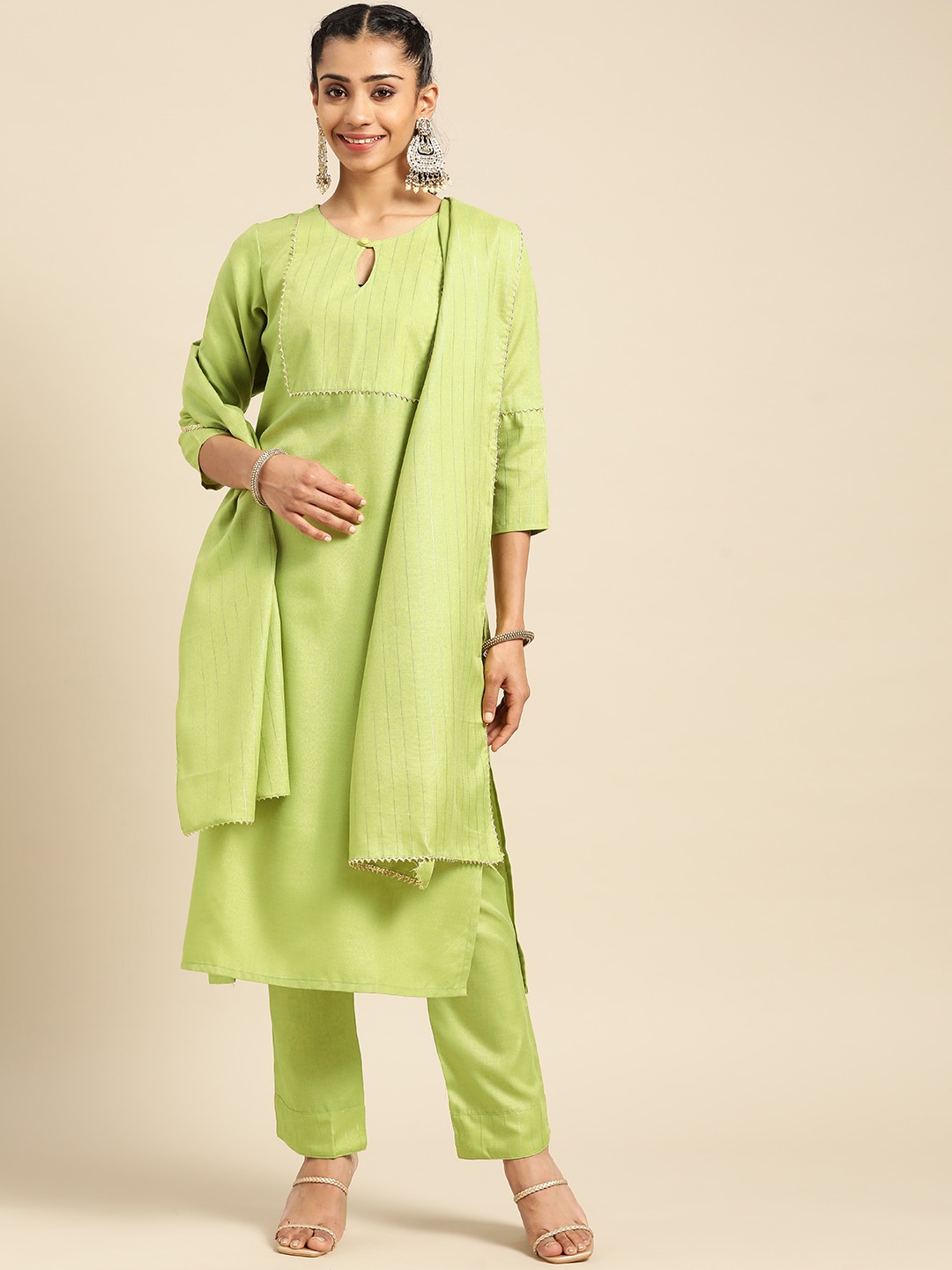 

Prakhya Women Lime Green Striped Gotta Patti Kurta with Palazzos & With Dupatta
