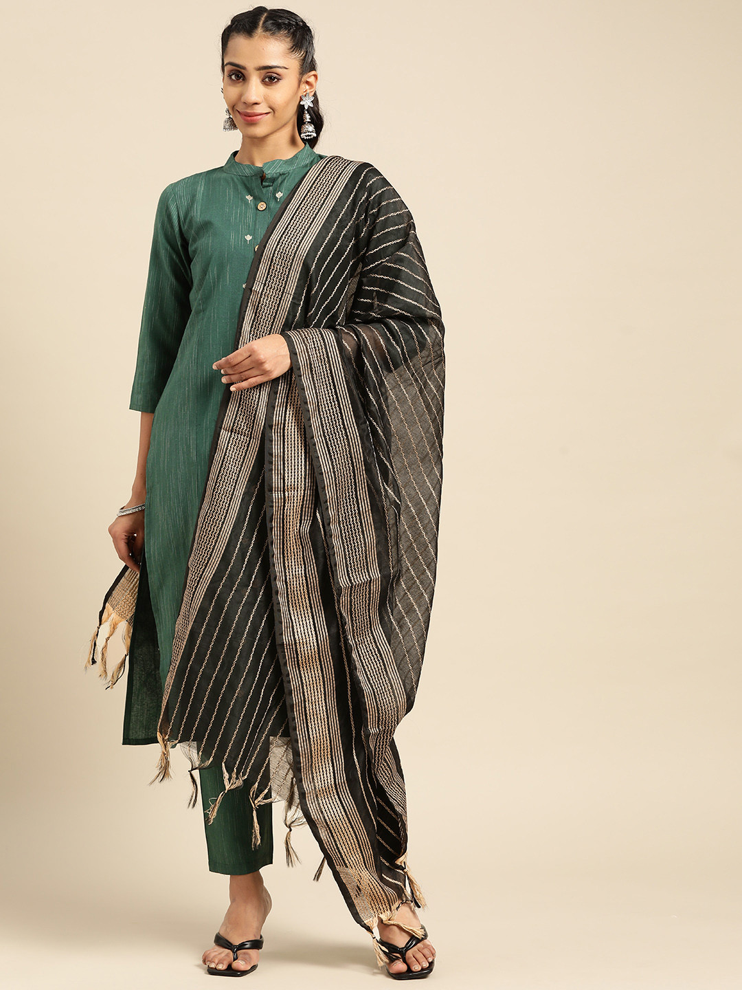 

Prakhya Women Green Striped Kurta with Trousers & With Dupatta