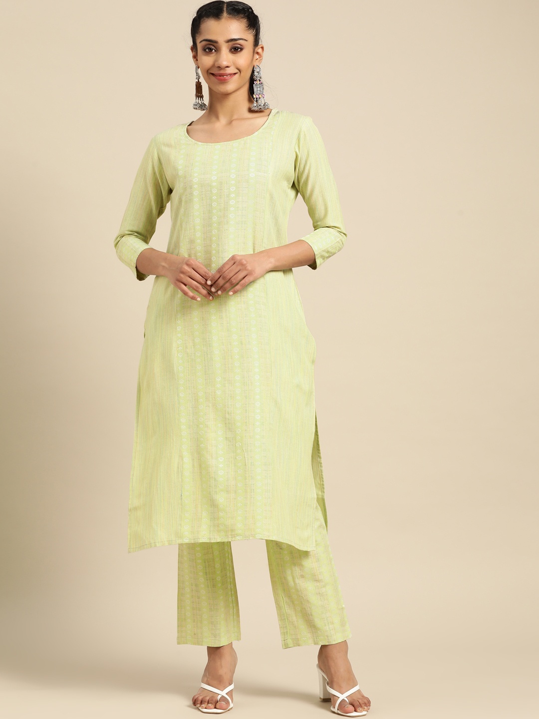 

Prakhya Women Lime Green Ethnic Motifs Printed Kurta with Trousers