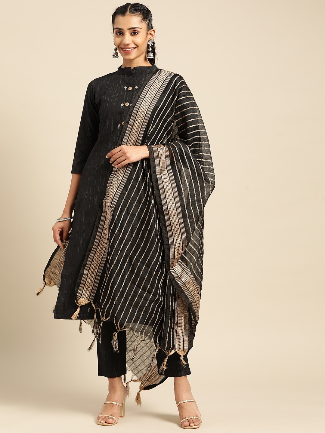 

Prakhya Women Black Striped Kurta with Trousers & With Dupatta