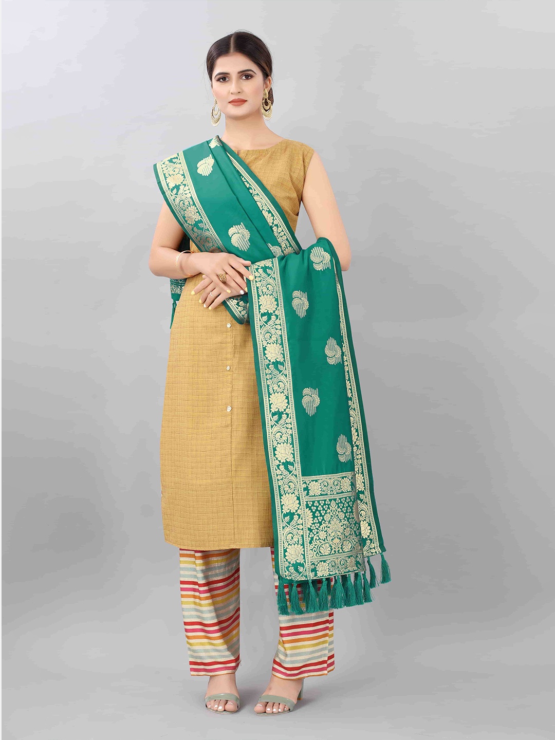 

Silk Land Teal & Golden Ethnic Motifs Woven Design Banarasi Dupatta with Zari