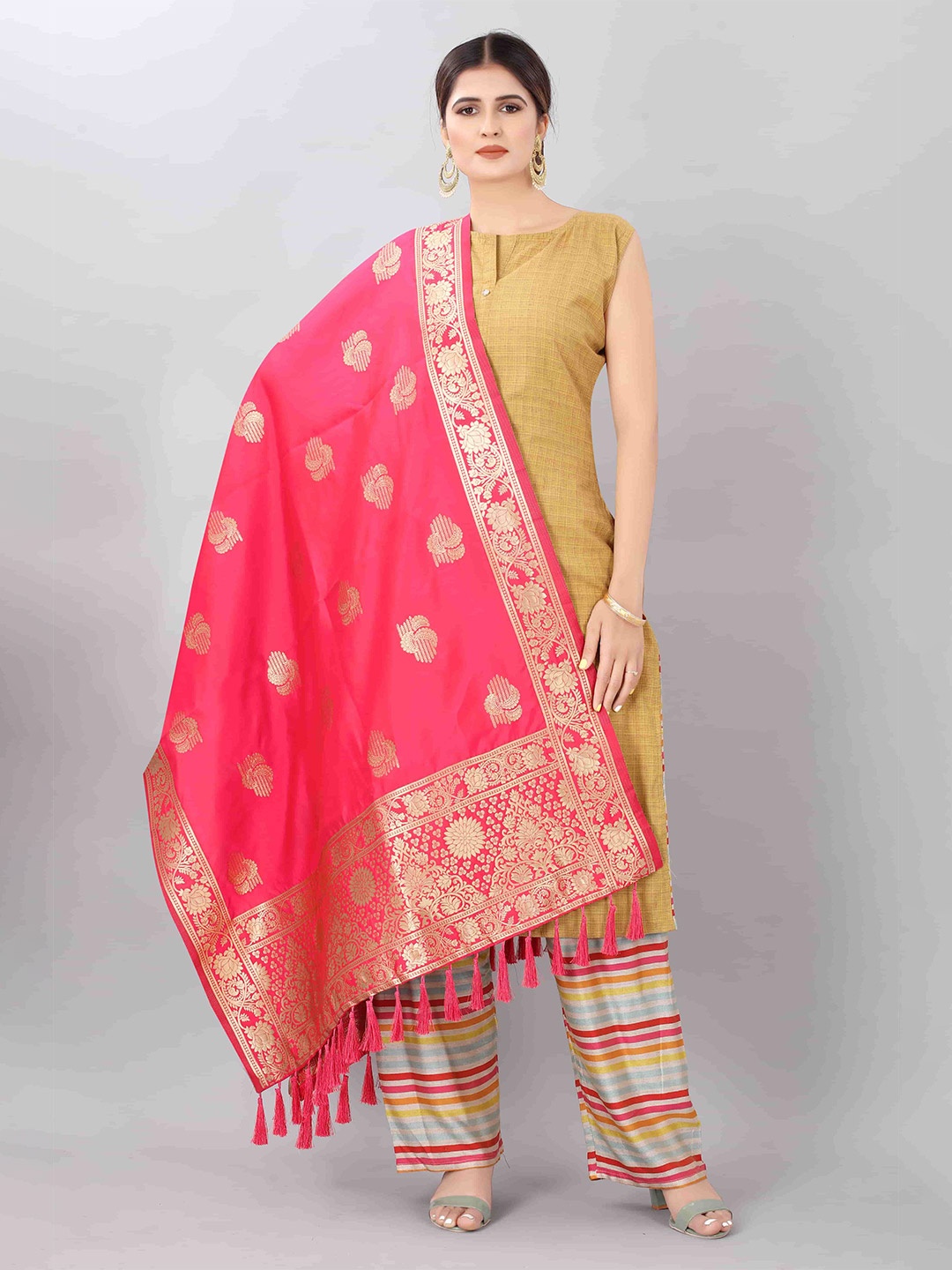 

Silk Land Pink & Gold-Toned Ethnic Motifs Woven Design Dupatta with Zari