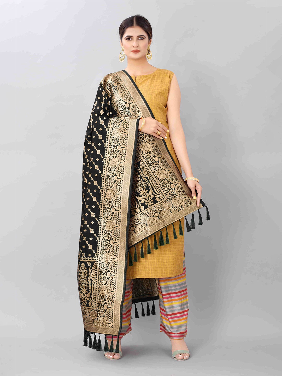 

Silk Land Black & Gold-Toned Ethnic Motifs Woven Design Dupatta with Zari