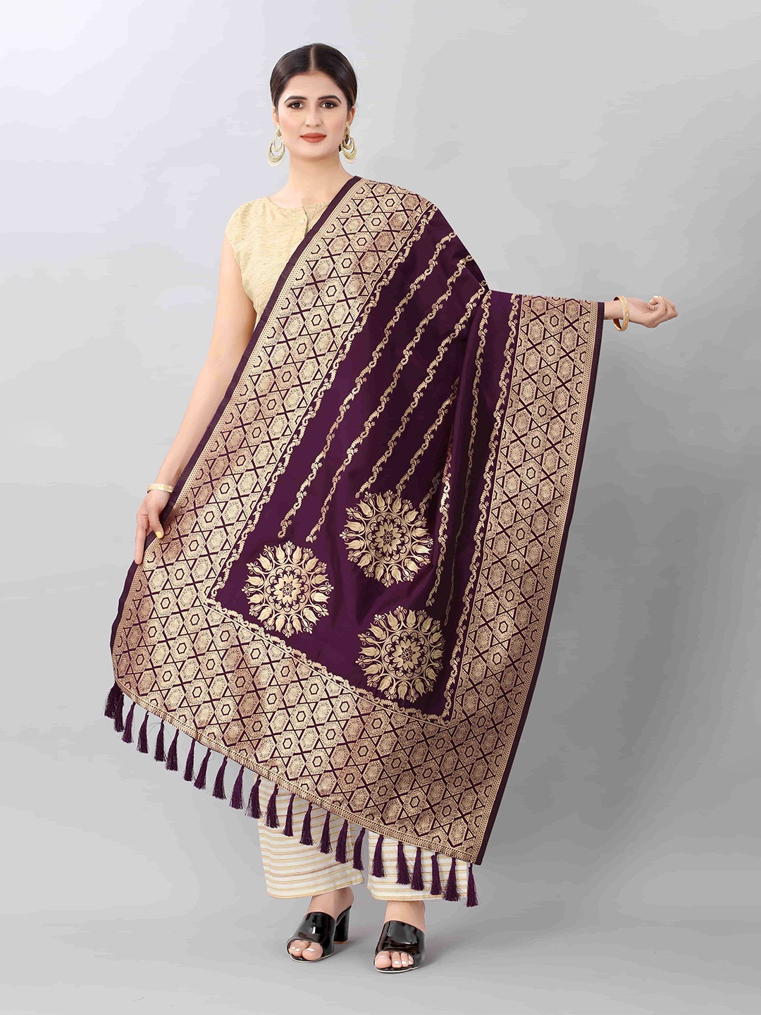 

Silk Land Burgundy & Gold-Toned Ethnic Motifs Woven Design Dupatta with Zari