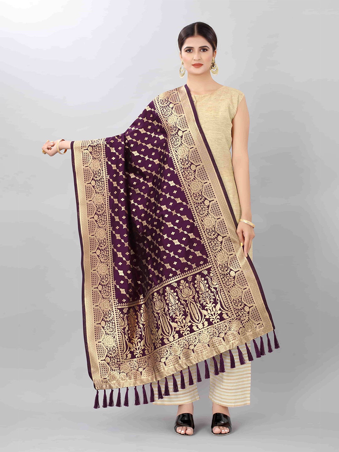 

Silk Land Burgundy & Gold-Toned Ethnic Motifs Woven Design Dupatta with Zari