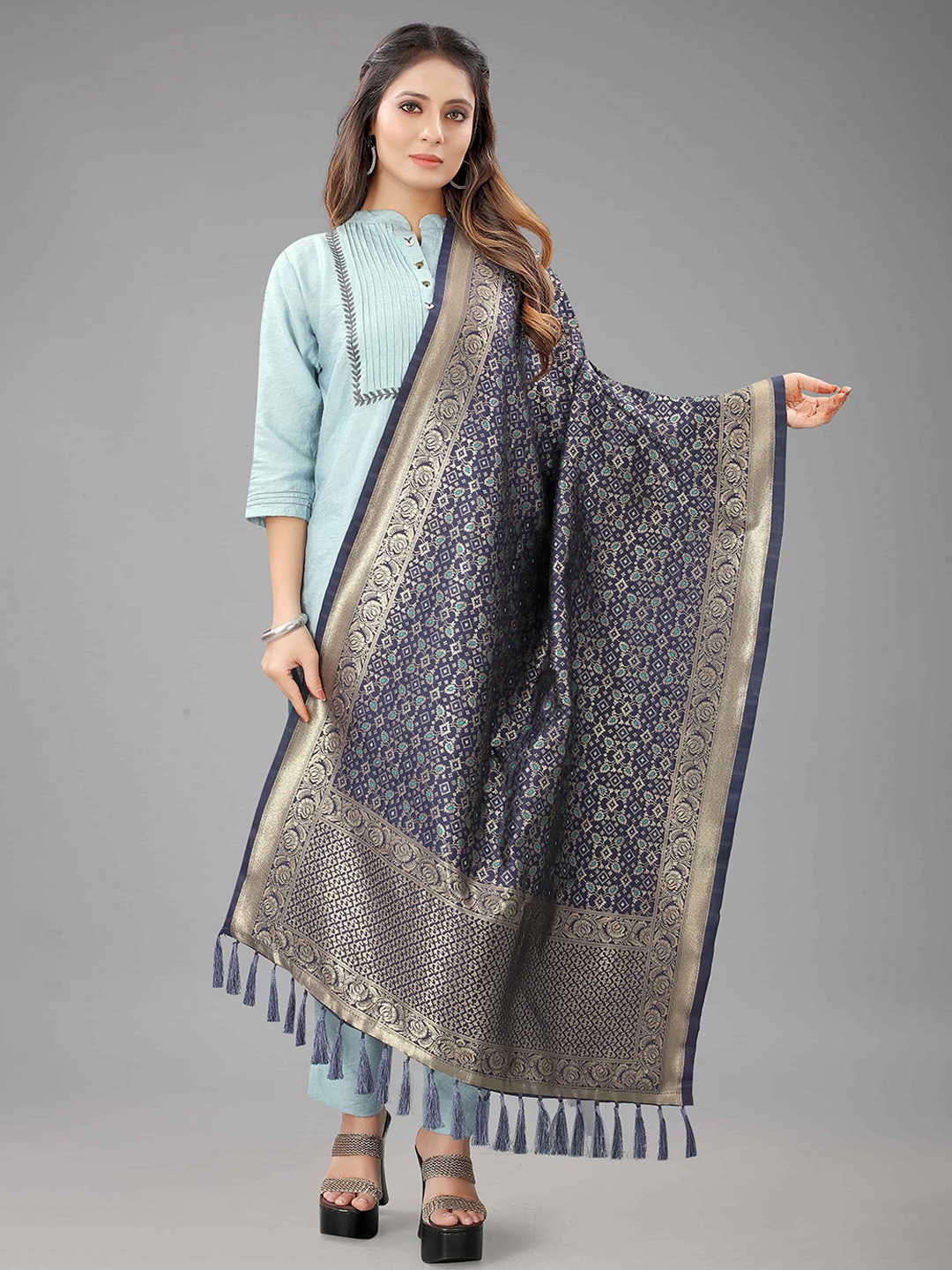 

Silk Land Navy Blue & Gold-Toned Ethnic Motifs Woven Design Banarasi Silk Dupatta
