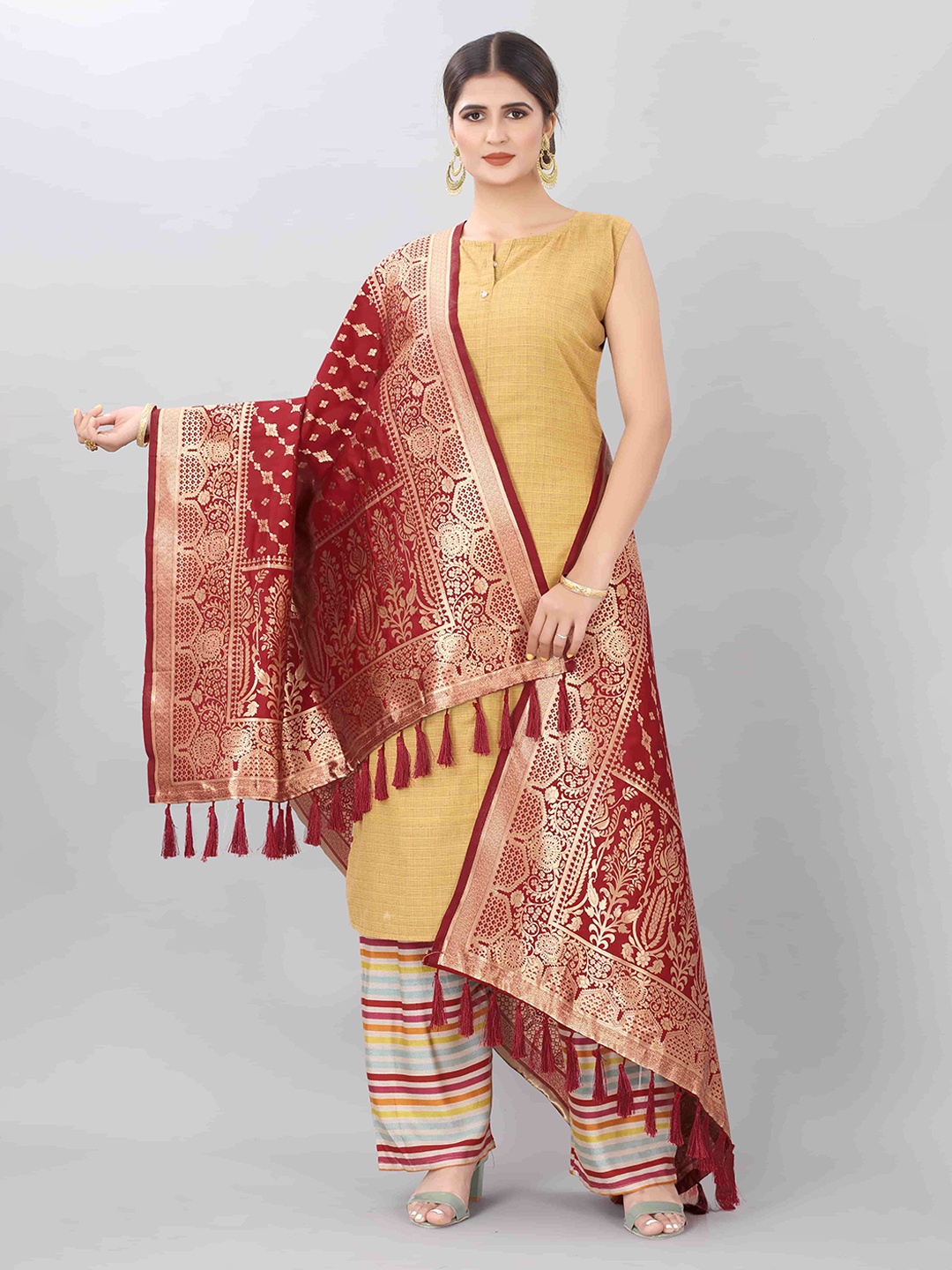

Silk Land Red & Gold-Toned Ethnic Motifs Woven Design Dupatta with Zari